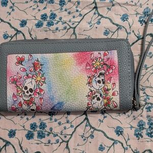 Ed Hardy Pink and Gray Floral Skull Wallet Wristlet - Used Condition